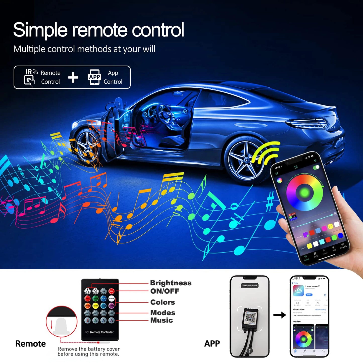 Smart RGB LED Car Ambient Lighting– Fiber Optic Interior Kit with App & Remote Control
