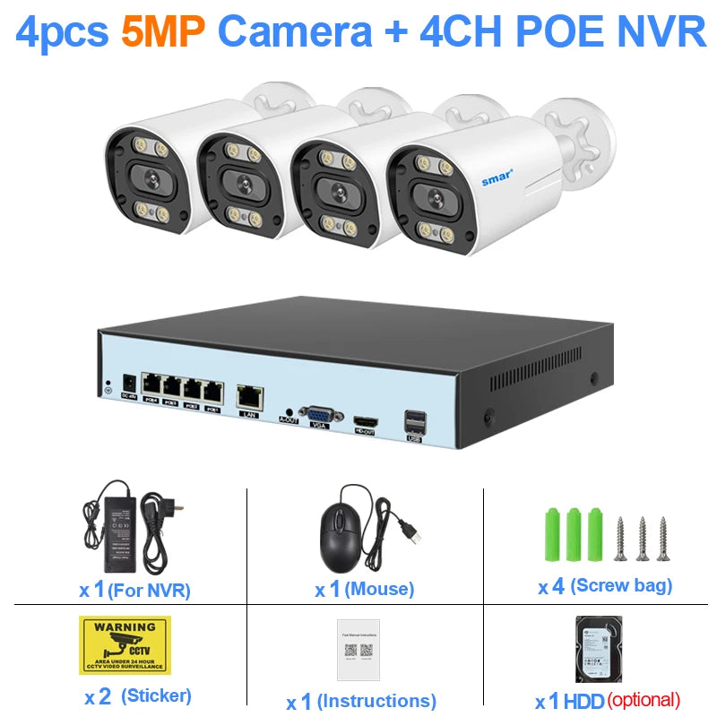 8MP 4K POE CCTV Kit  (4 Cameras, 1 NVR, 2TB HDD)  – AI Face Detect, Color Night Vision