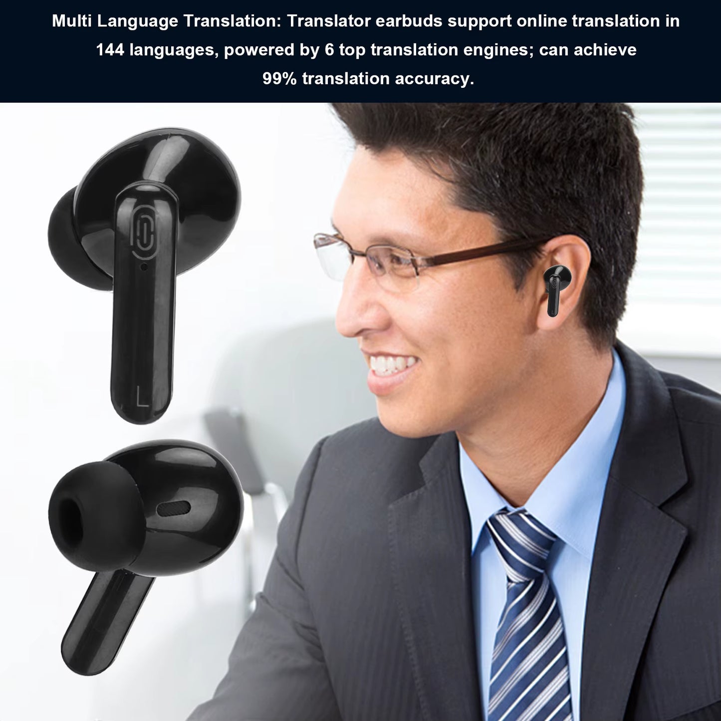 Travel Translator Earbuds – 144 Languages, Bluetooth, Real-Time Voice + Shopping Assistant