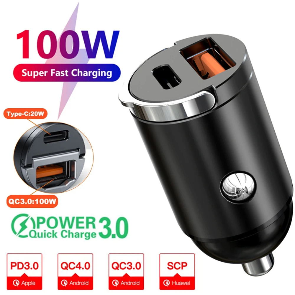 Ultra Fast Dual USB Car Charger – 100–200W Aluminum Adapter for 12–24V Sockets