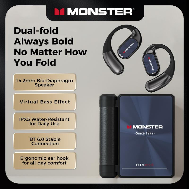 Monster Earbuds — 145H Playtime, Dual-Fold Design, Noise-Isolating Bluetooth 6.0  Waterproof, Sweatproof, Built for Travel