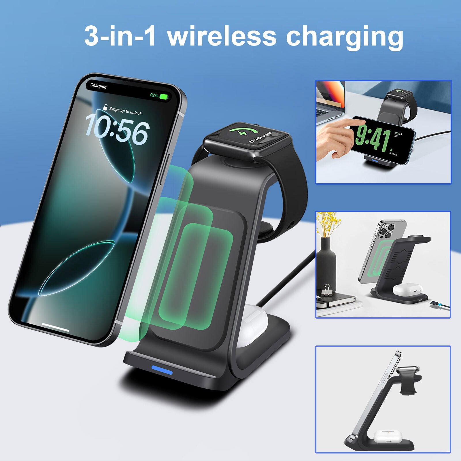 Premium Wireless Charger Dock Charging Station 3-in-1 for Apple & Samsung Products