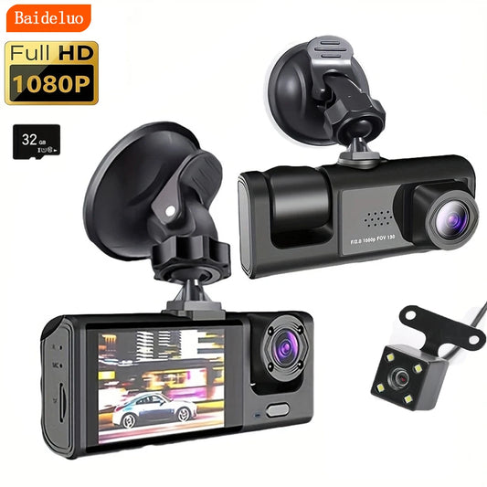 1080P Dash Cam – Triple Camera, Night Vision, Loop Recording, Compact IPS Screen